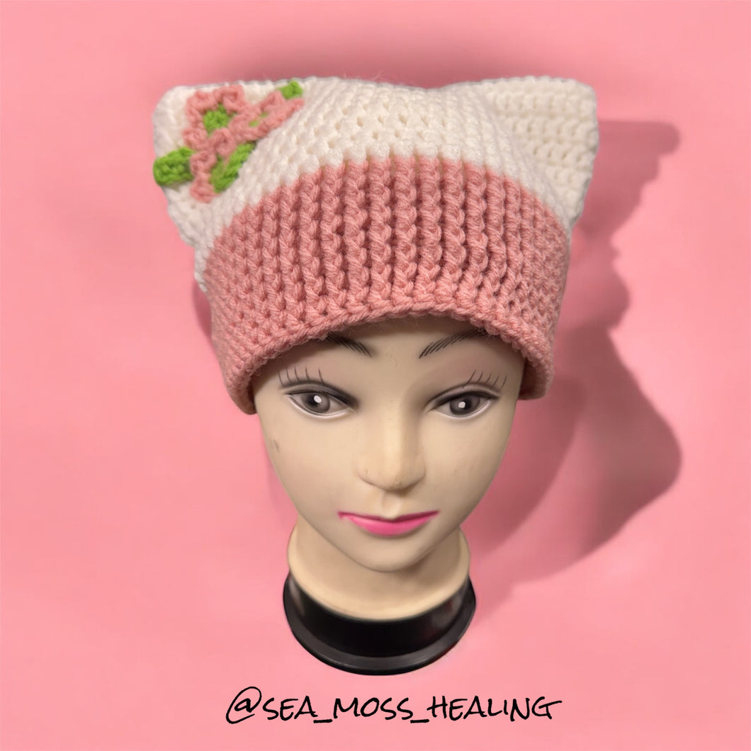 Cat Ear Crochet Hat pink/white